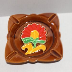 Vintage Majolica Ceramic Square Flower Ashtray-1978-Japan-Trinket Dish-MCM-NEW